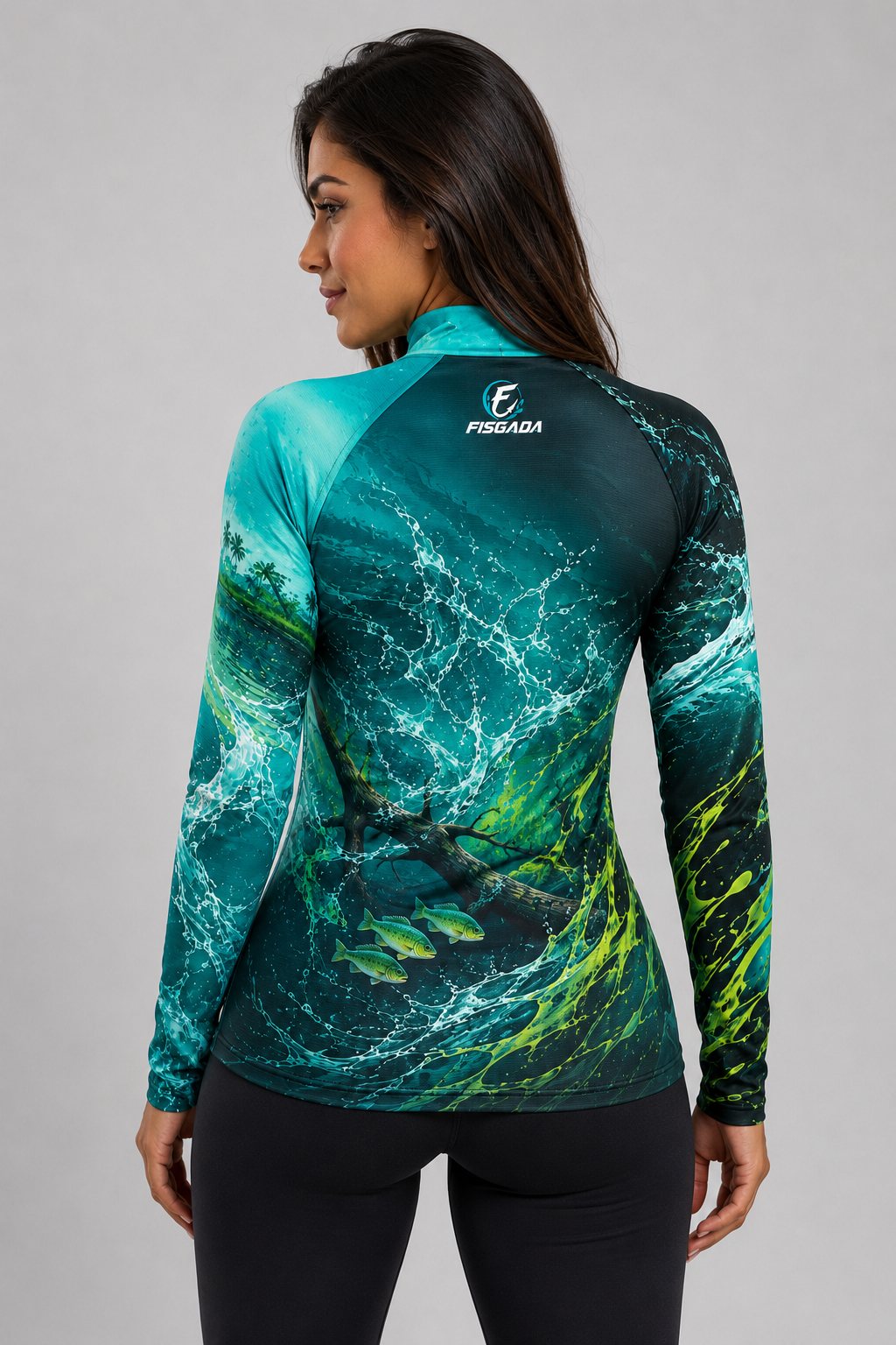 Camisa de Pesca Feminina Águas Turquesa UV50+ Manga Longa — costas