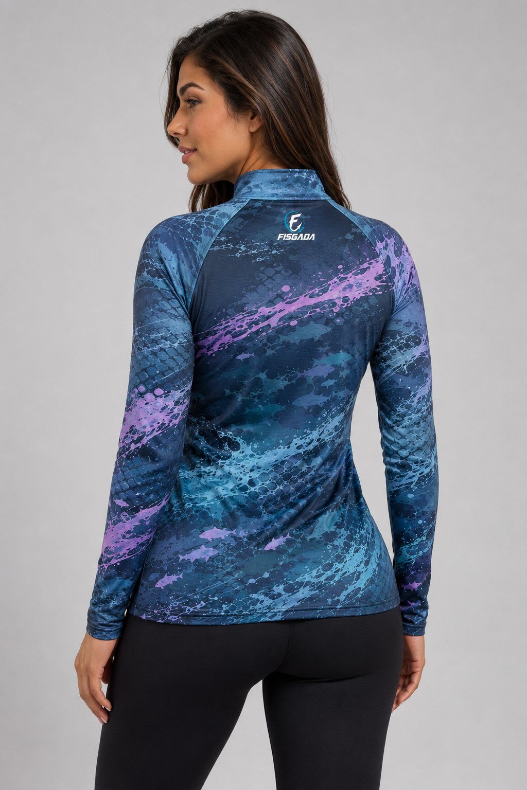 Camisa de Pesca Feminina Correnteza Lilás UV50+ Manga Longa — costas