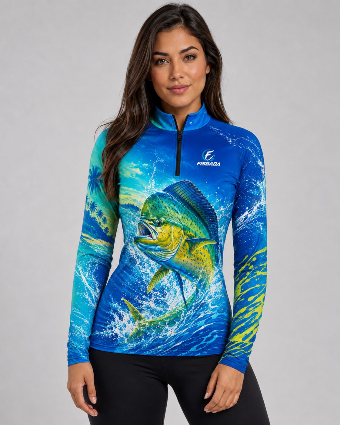Camisa de Pesca Feminina Dourado Oceano UV50+ Manga Longa — frente