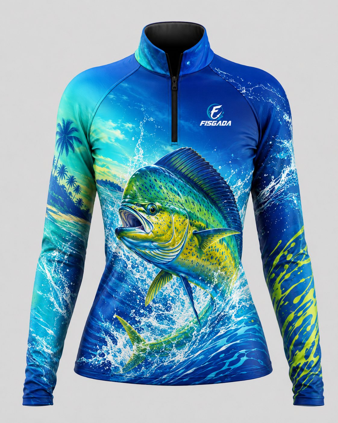 Camisa de Pesca Feminina Dourado Oceano UV50+ Manga Longa — detalhe da estampa