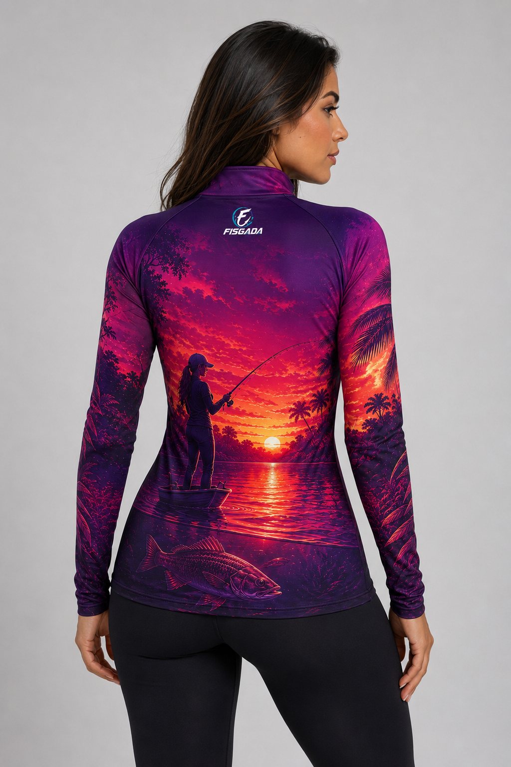 Camisa de Pesca Feminina Entardecer Rosa UV50+ Manga Longa — costas