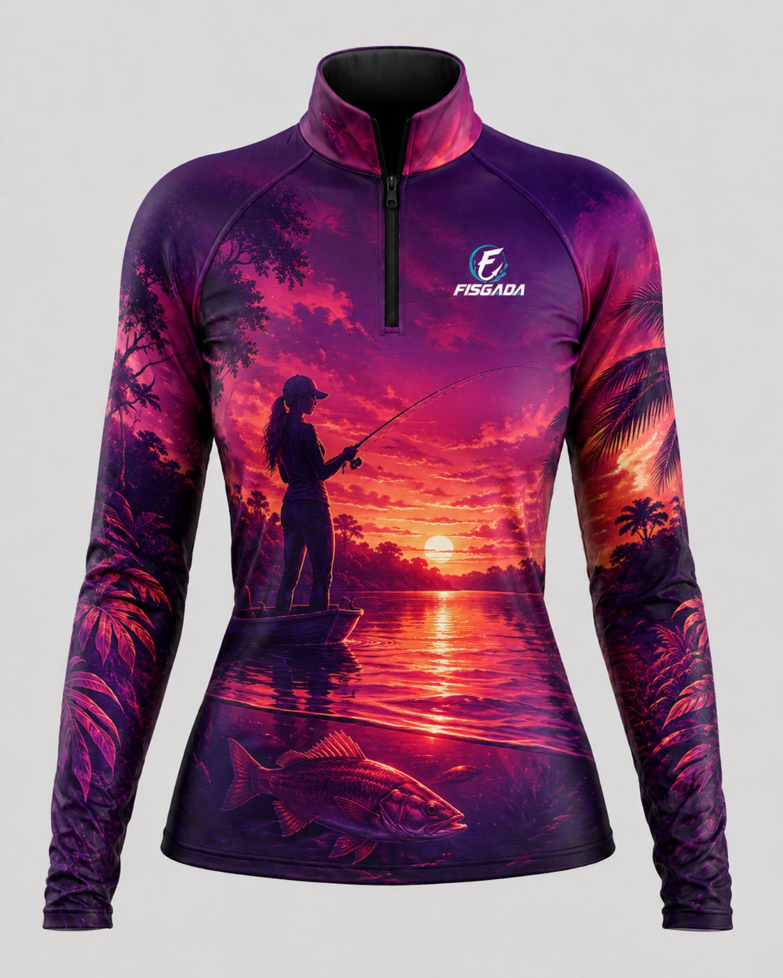 Camisa de Pesca Feminina Entardecer Rosa UV50+ Manga Longa — detalhe da estampa
