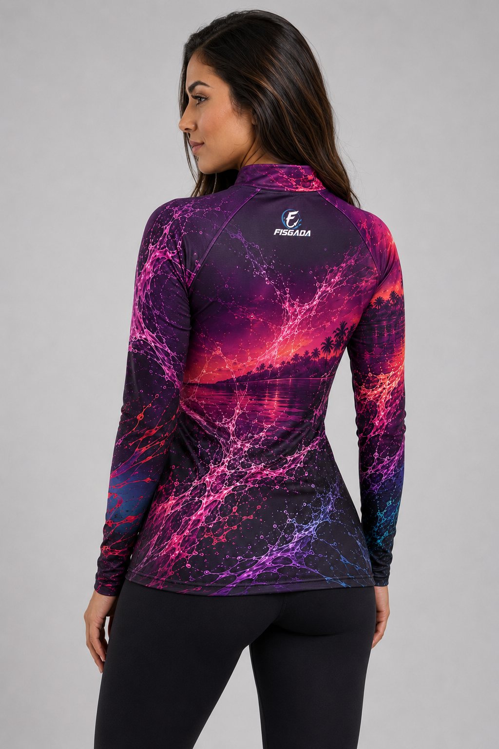 Camisa de Pesca Feminina Investida Magenta UV50+ Manga Longa — costas