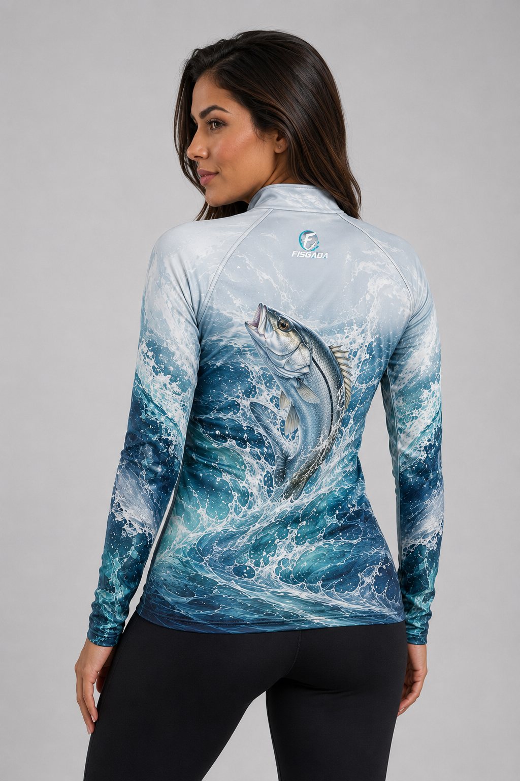 Camisa de Pesca Feminina Investida Prateada UV50+ Manga Longa — costas