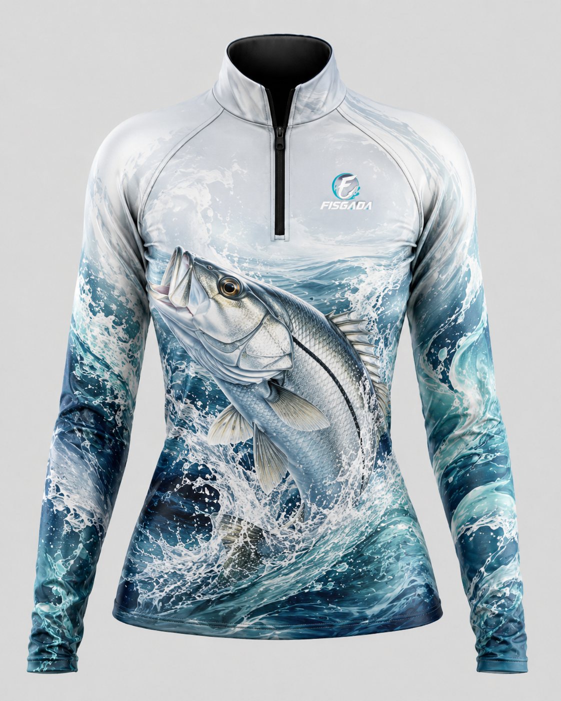Camisa de Pesca Feminina Investida Prateada UV50+ Manga Longa — detalhe da estampa
