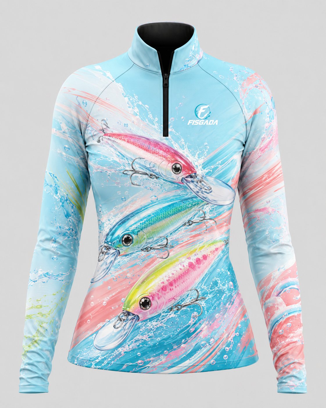 Camisa de Pesca Feminina Iscas Serenas UV50+ Manga Longa — detalhe da estampa
