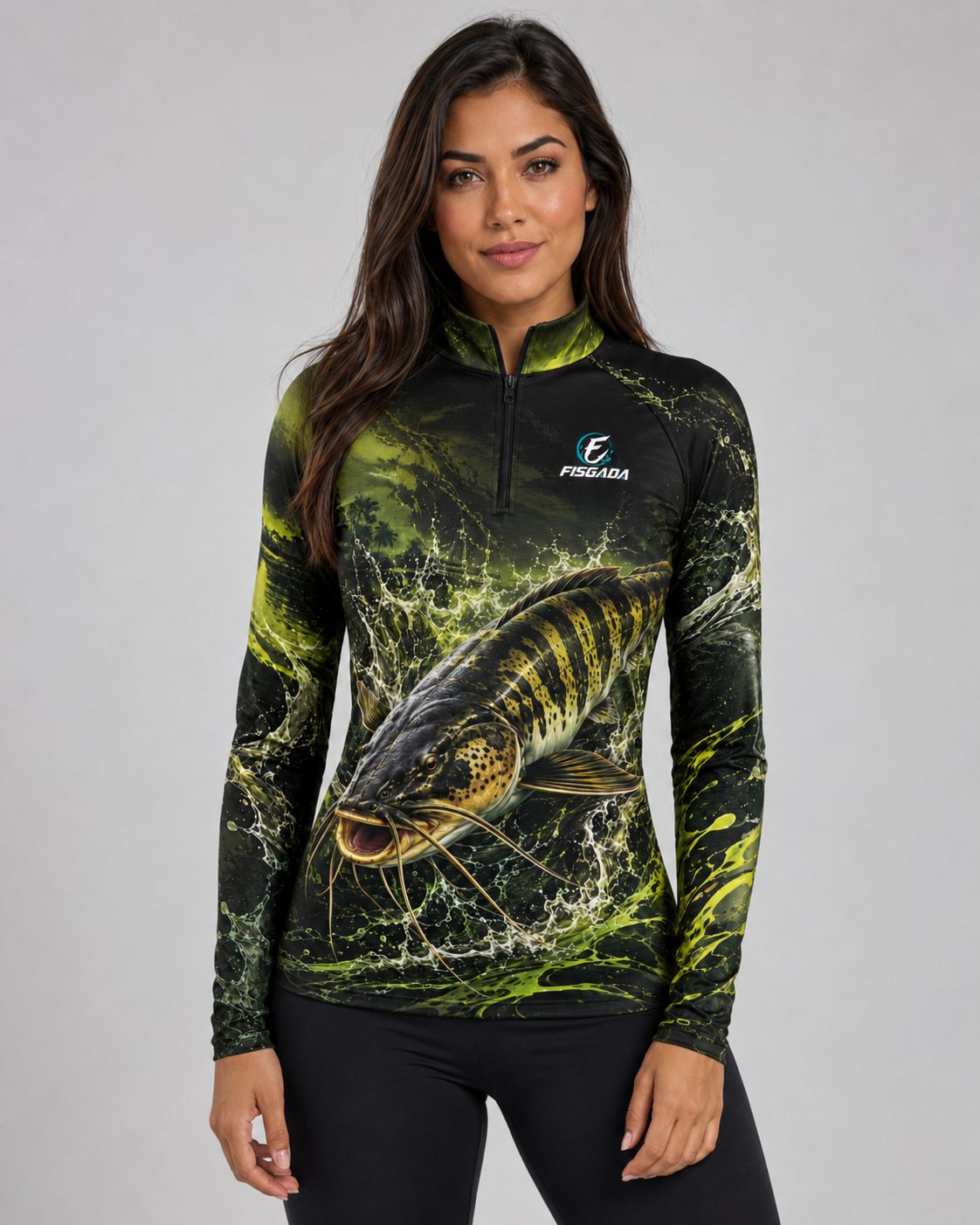 Camisa de Pesca Feminina Tucunaré Esmeralda UV50+ Manga Longa — frente