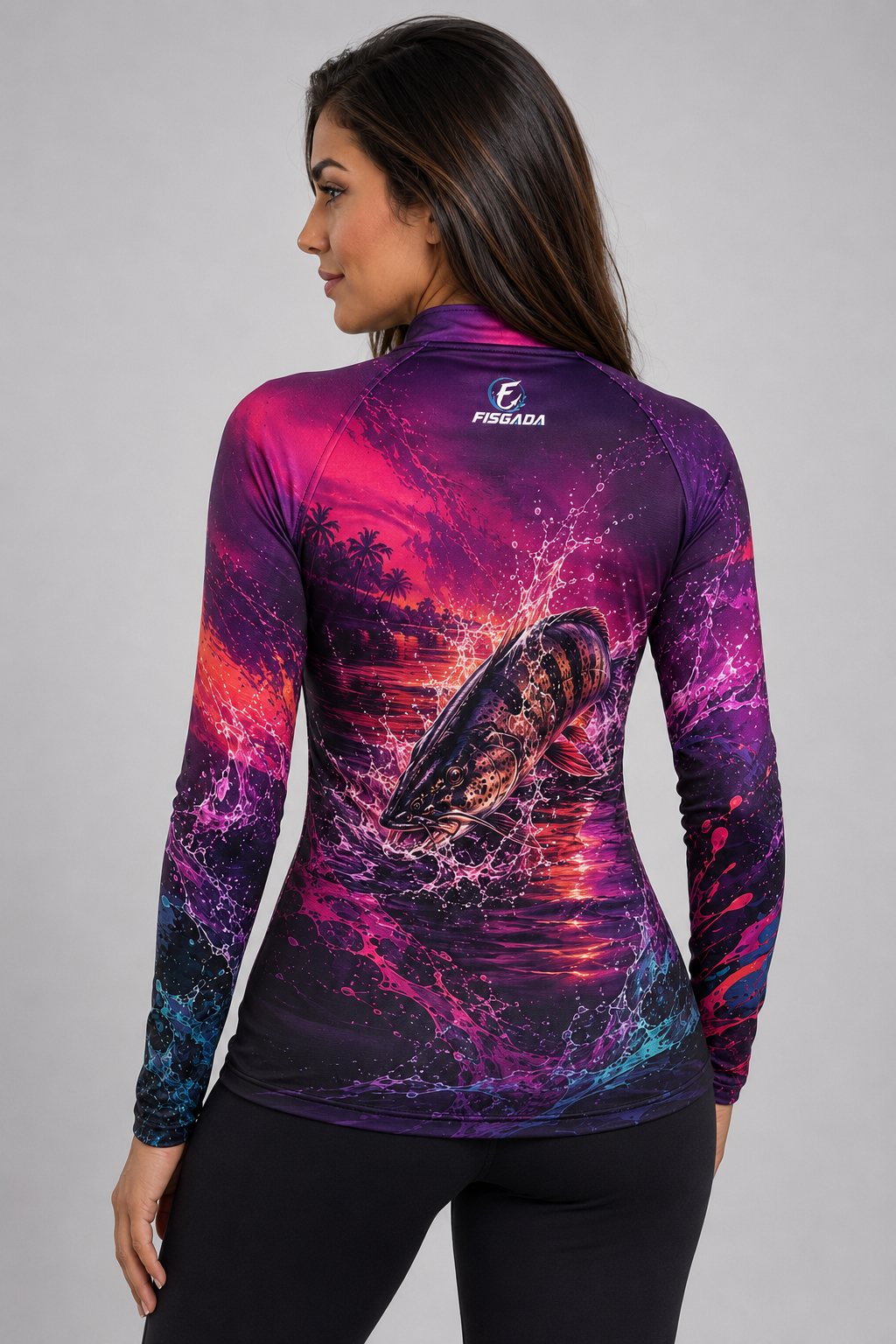 Camisa de Pesca Feminina Tucunaré Rosé UV50+ Manga Longa — costas