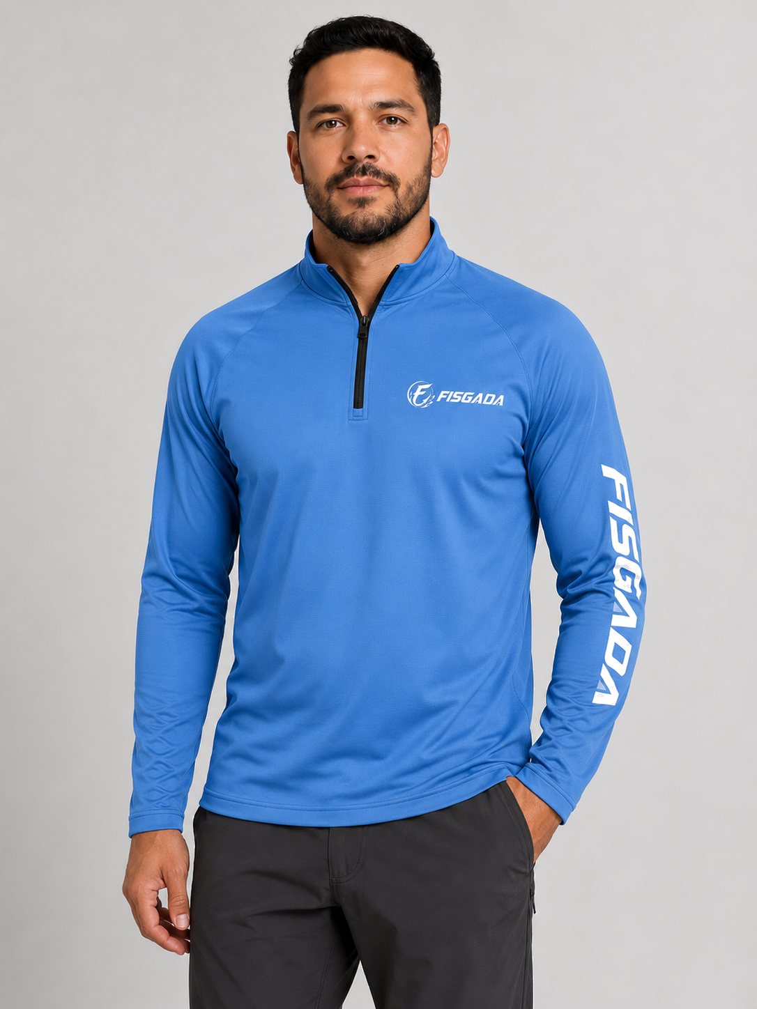 Camisa de Pesca Lisa Azul Celeste UV50+ Manga Longa — vestida