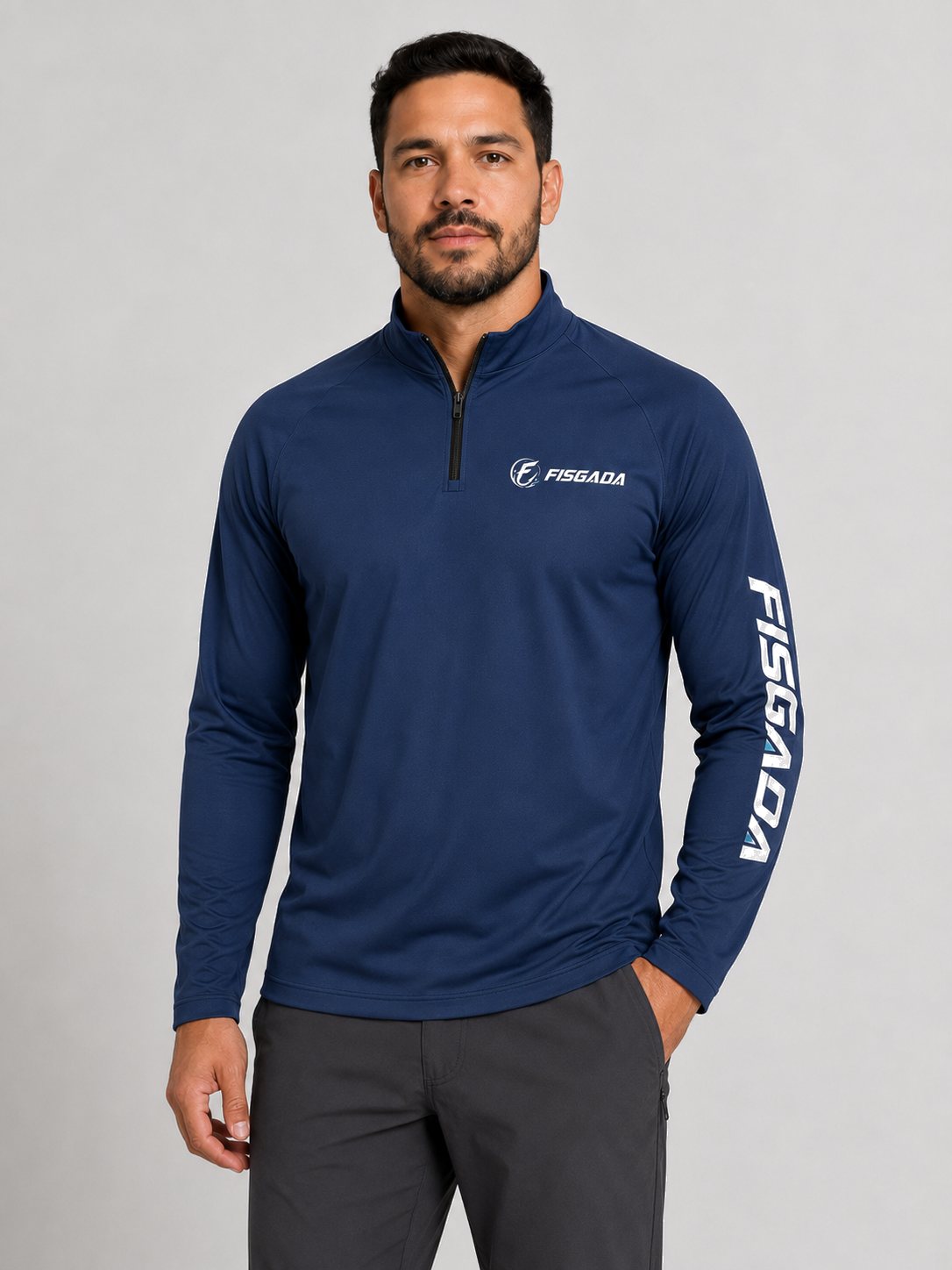 Camisa de Pesca Lisa Azul Marinho UV50+ Manga Longa — vestida