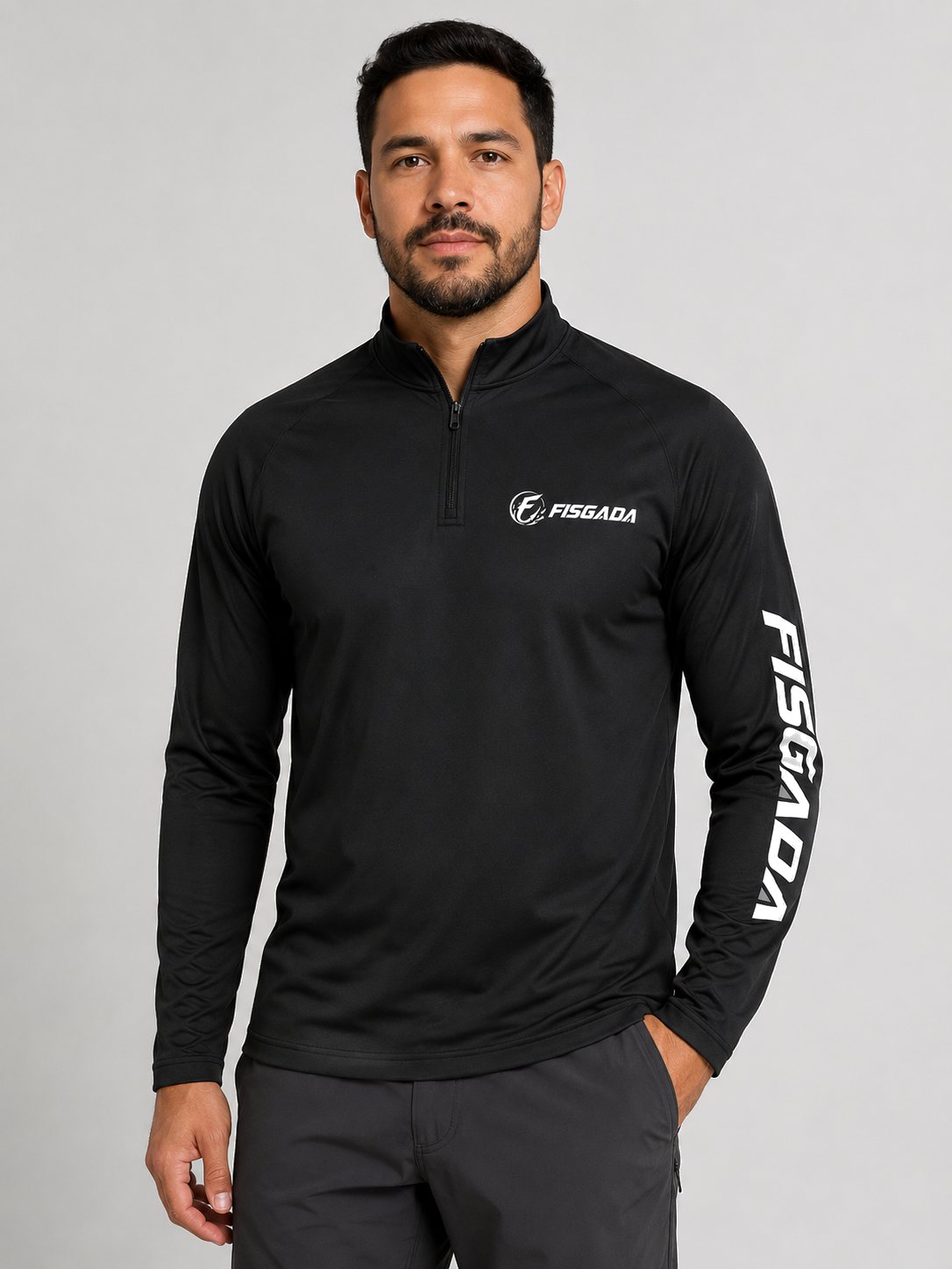 Camisa de Pesca Lisa Preta UV50+ Manga Longa — vestida