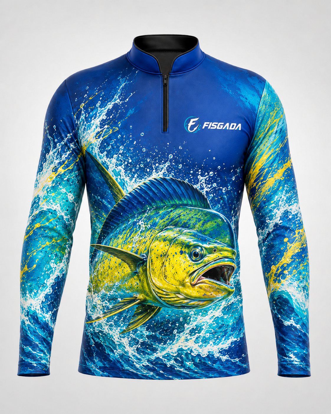 Camisa de Pesca Dourado do Mar Azul UV50+ Manga Longa — detalhe da estampa