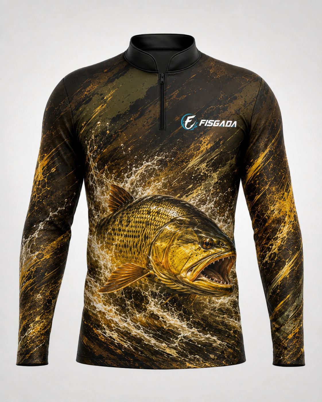 Camisa de Pesca Dourado Real UV50+ Manga Longa — detalhe da estampa