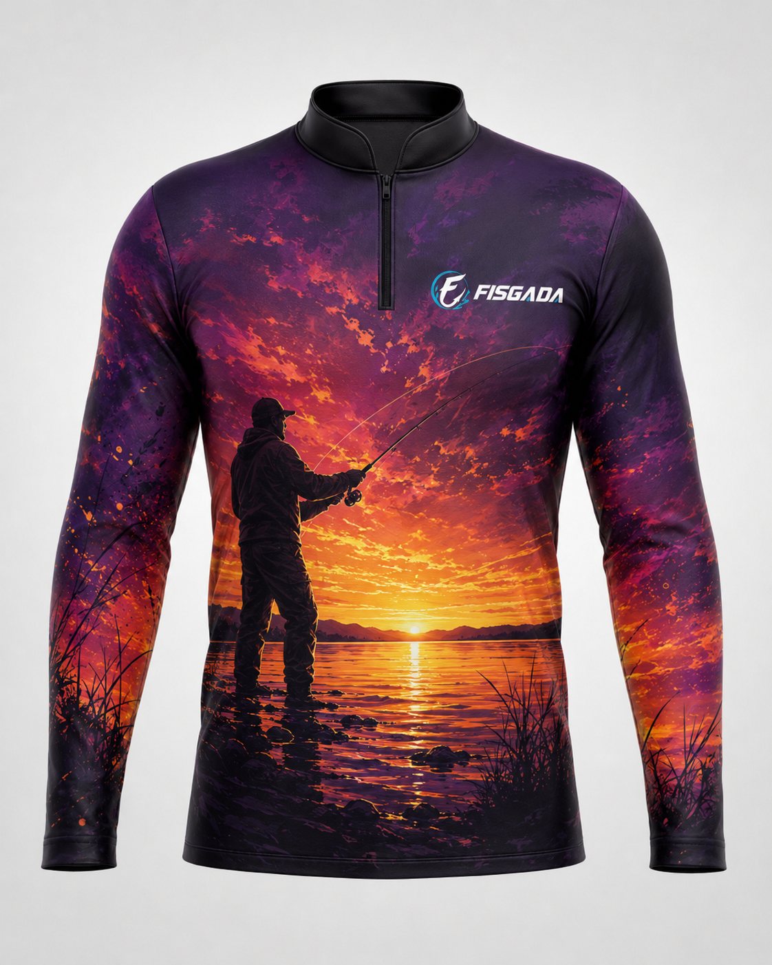 Camisa de Pesca Entardecer Roxo UV50+ Manga Longa — detalhe da estampa