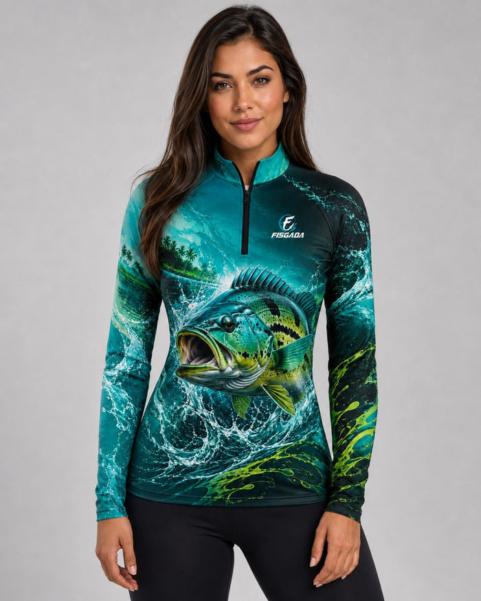 Camisa de Pesca Feminina Águas Turquesa UV50+ Manga Longa