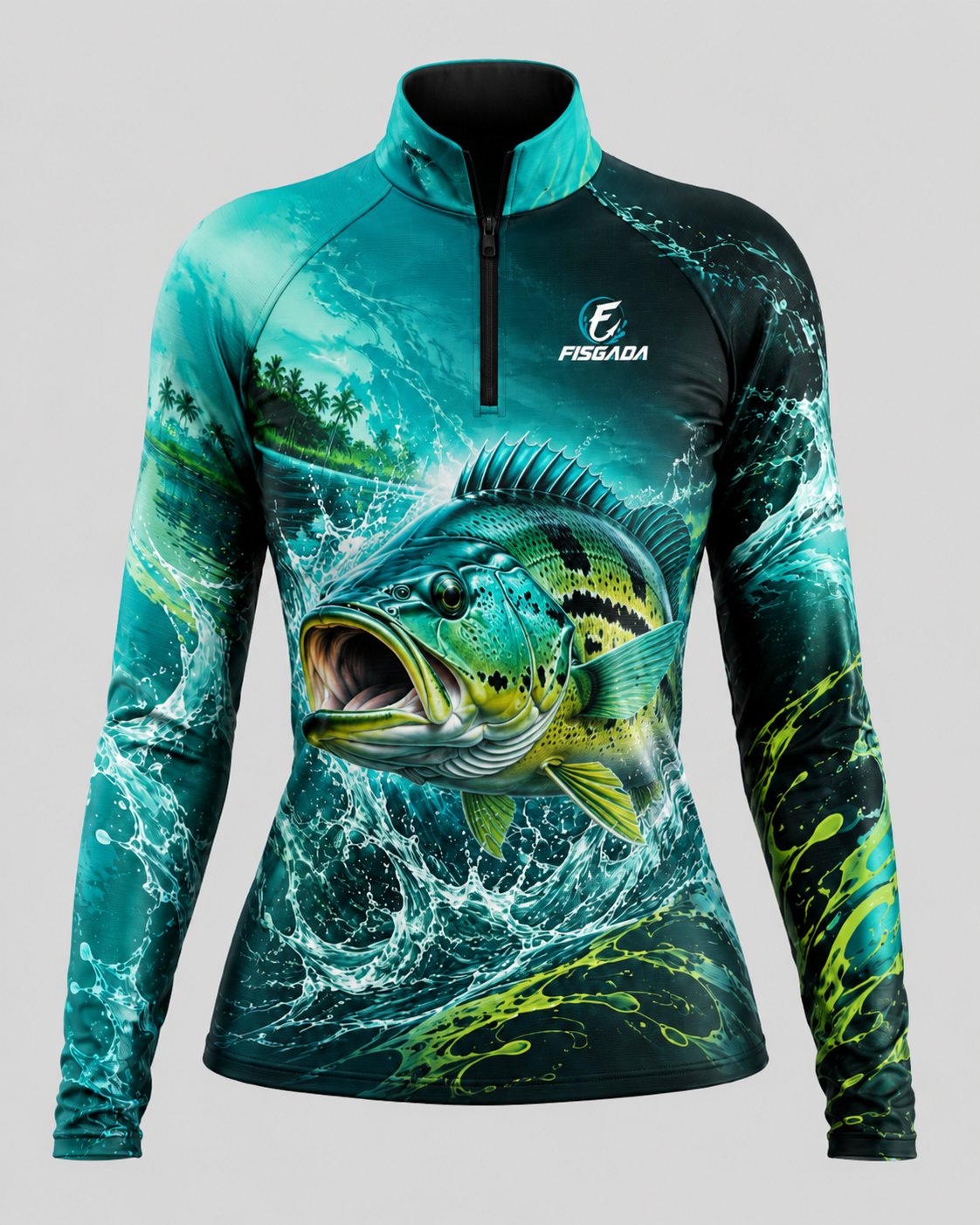 Camisa de Pesca Feminina Águas Turquesa UV50+ Manga Longa — detalhe da estampa