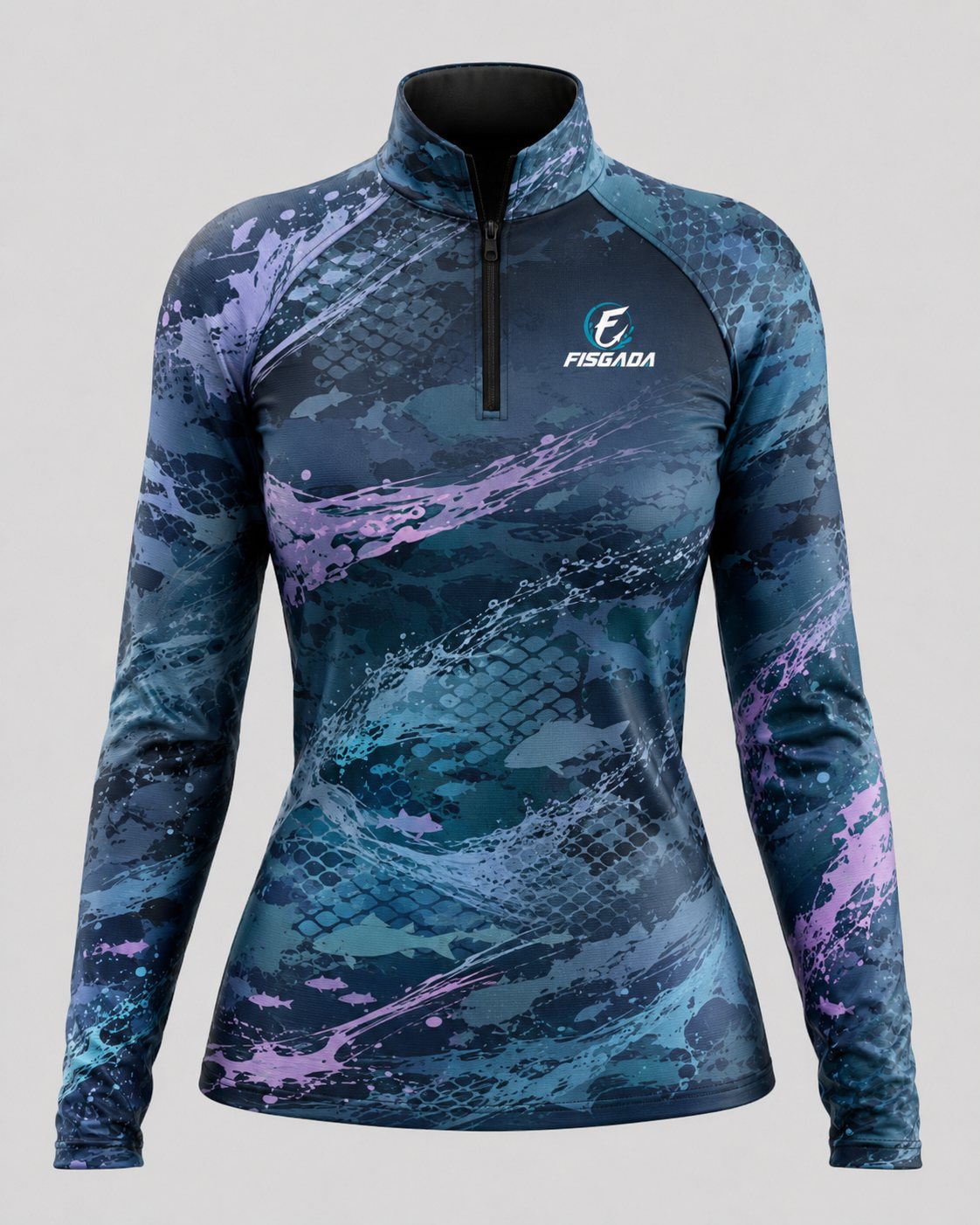Camisa de Pesca Feminina Correnteza Lilás UV50+ Manga Longa — detalhe da estampa