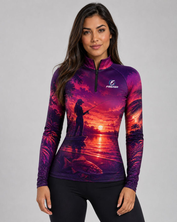 Camisa de Pesca Feminina Entardecer Rosa UV50+ Manga Longa
