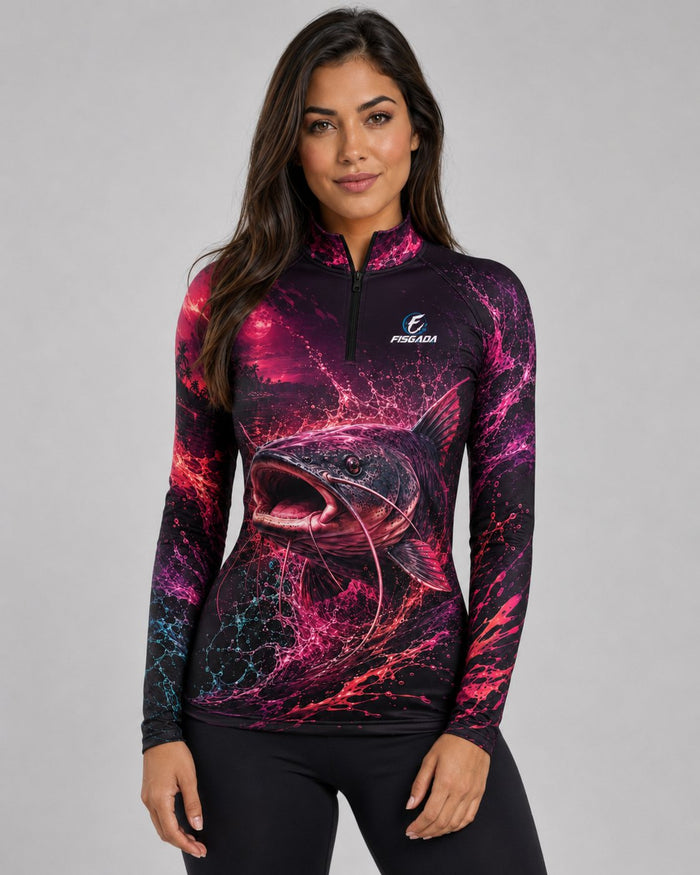 Camisa de Pesca Feminina Investida Magenta UV50+ Manga Longa