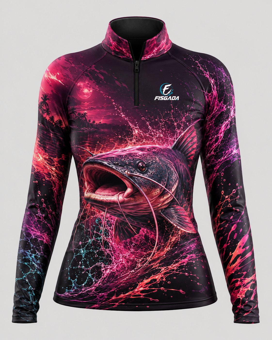 Camisa de Pesca Feminina Investida Magenta UV50+ Manga Longa — detalhe da estampa