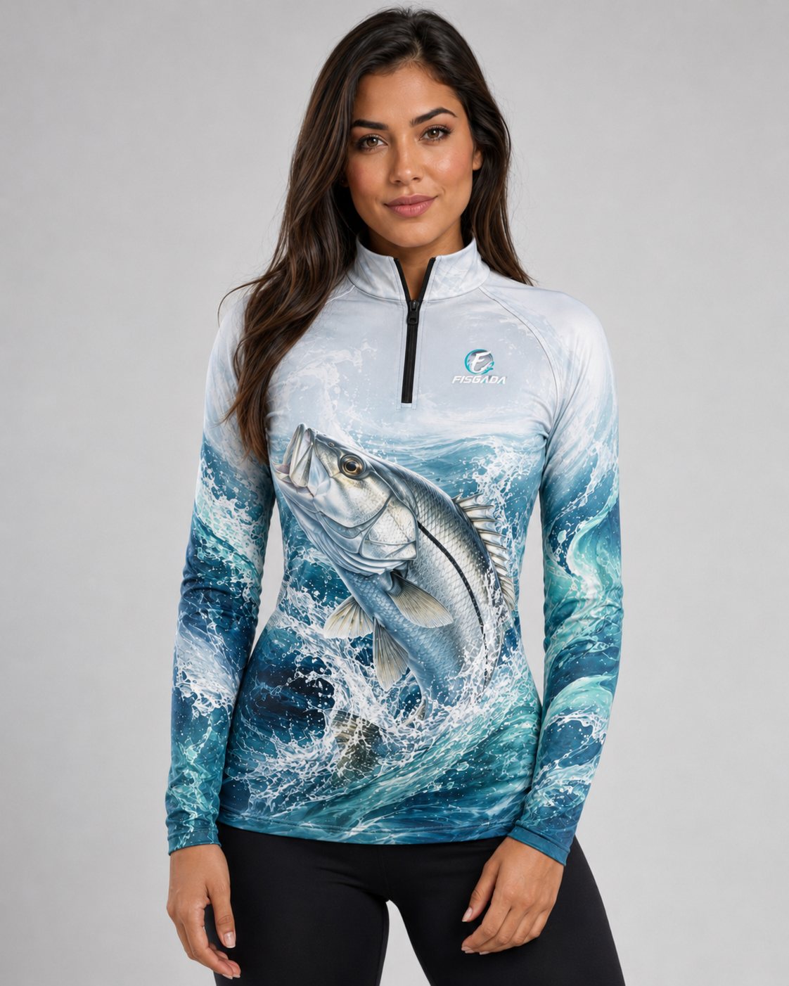 Camisa de Pesca Feminina Investida Prateada UV50+ Manga Longa — frente