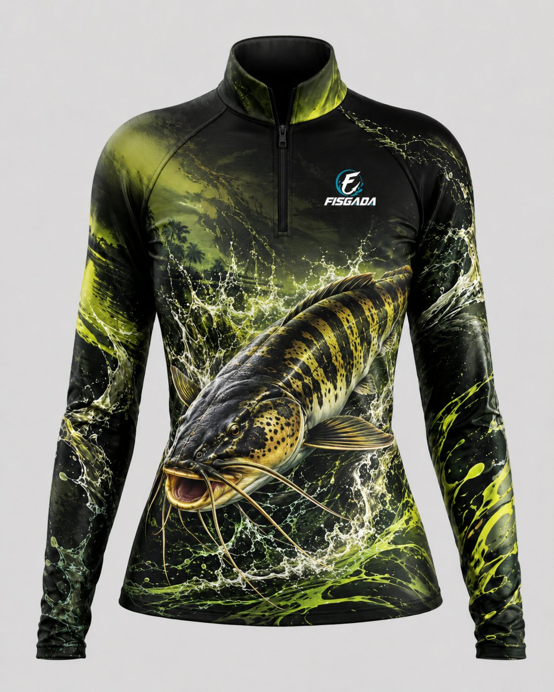 Camisa de Pesca Feminina Tucunaré Esmeralda UV50+ Manga Longa — detalhe da estampa