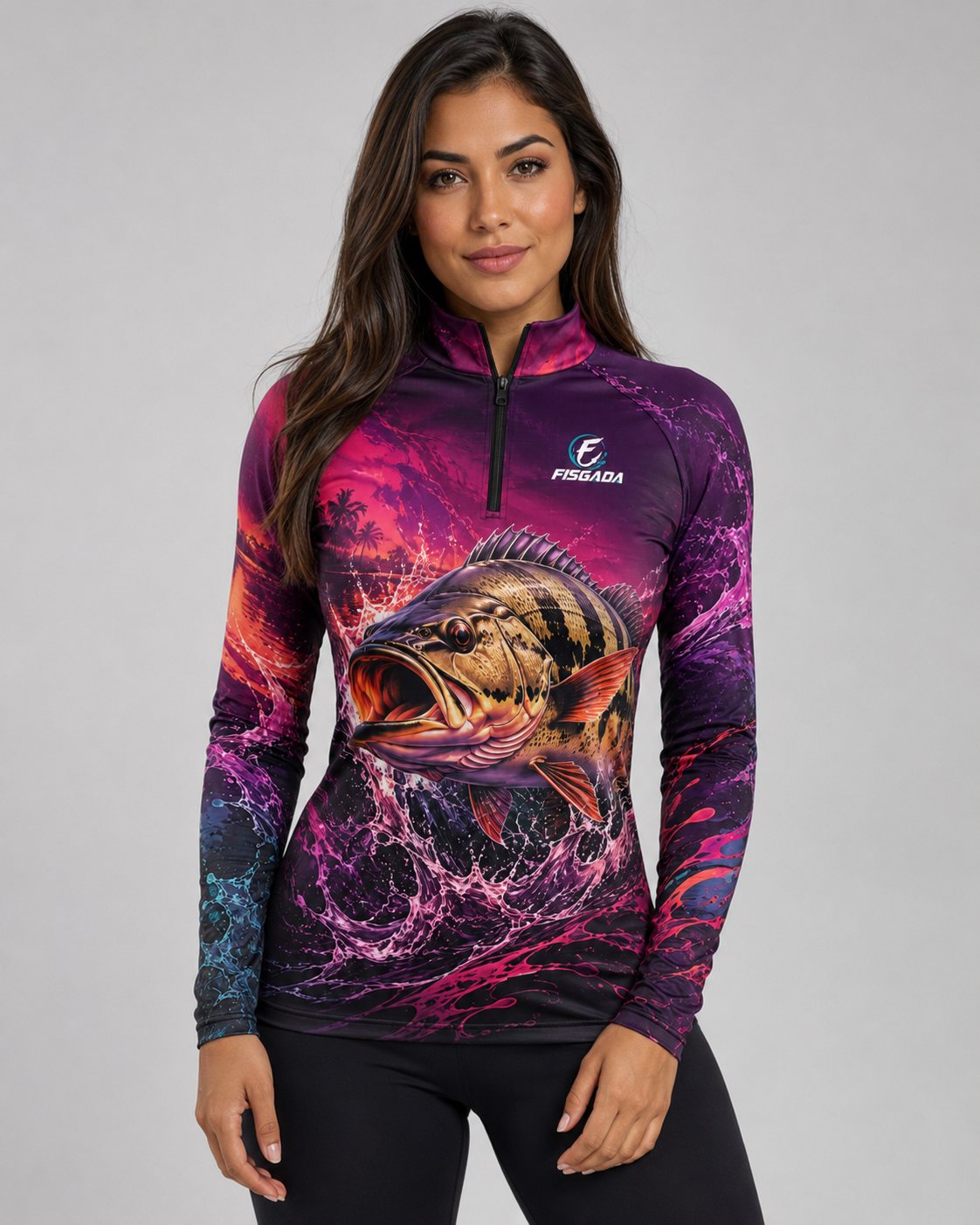 Camisa de Pesca Feminina Tucunaré Rosé UV50+ Manga Longa — frente