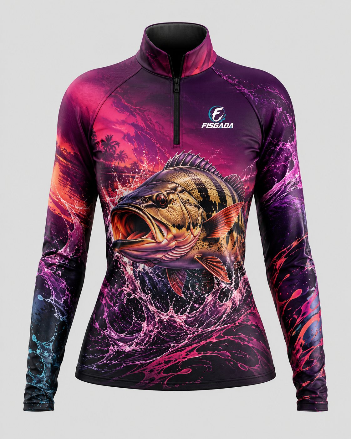 Camisa de Pesca Feminina Tucunaré Rosé UV50+ Manga Longa — detalhe da estampa