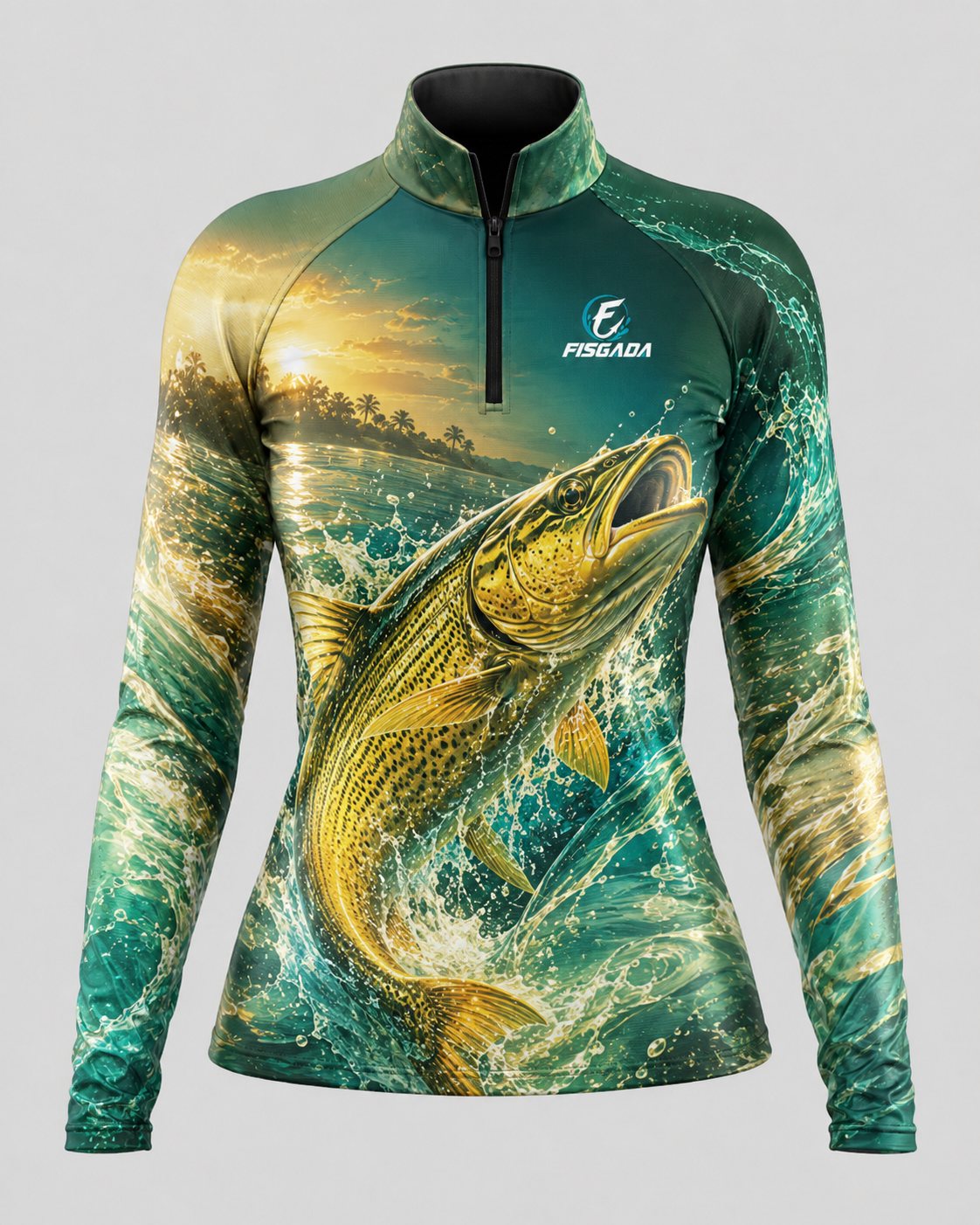Camisa de Pesca Feminina Tucunaré Tropical UV50+ Manga Longa — detalhe da estampa
