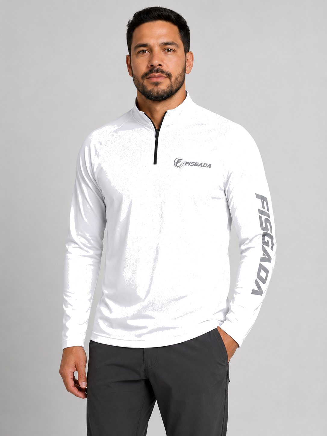 Camisa de Pesca Lisa Branca UV50+ Manga Longa — vestida