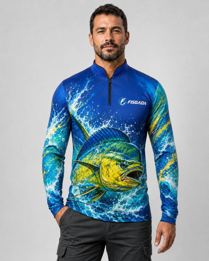 Camisa de Pesca Dourado do Mar Azul UV50+ Manga Longa