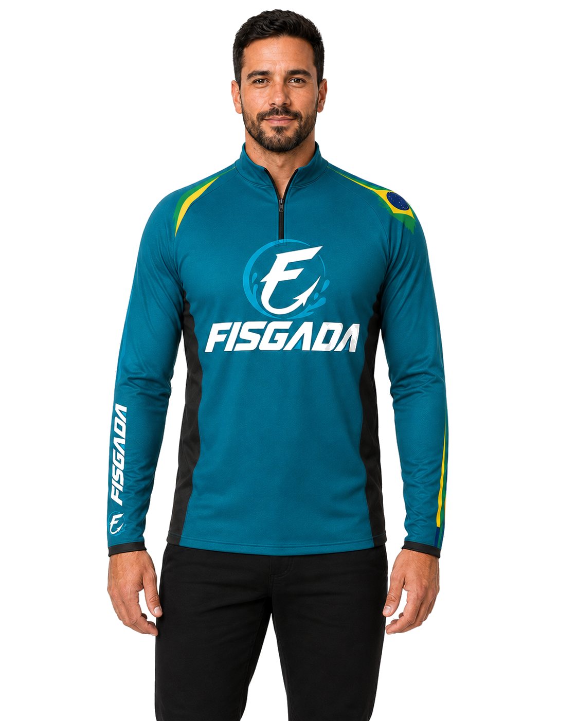 Camisa de Pesca Fisgada Team Azul Petróleo UV50+ Manga Longa — vestida