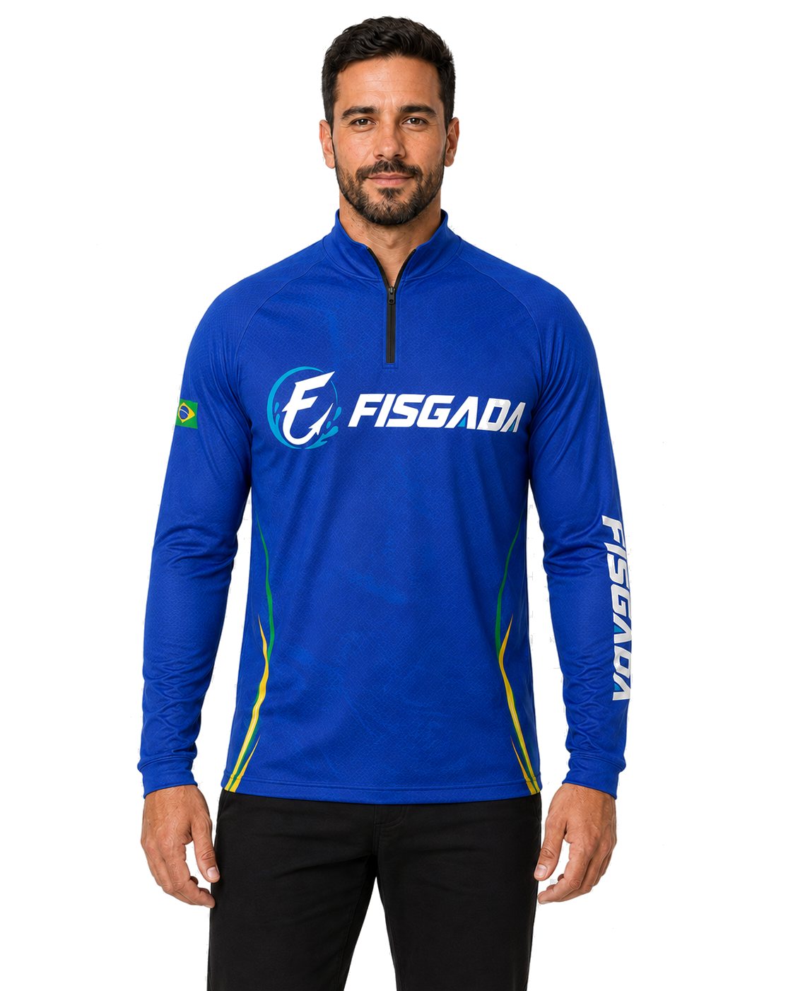 Camisa de Pesca Fisgada Team Azul Royal UV50+ Manga Longa — vestida