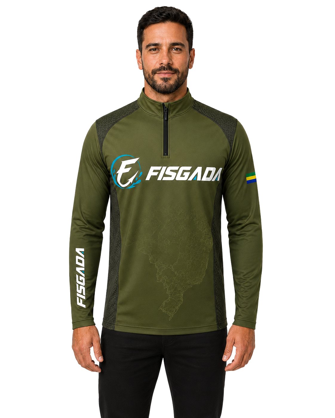 Camisa de Pesca Fisgada Team Verde Militar UV50+ Manga Longa — vestida
