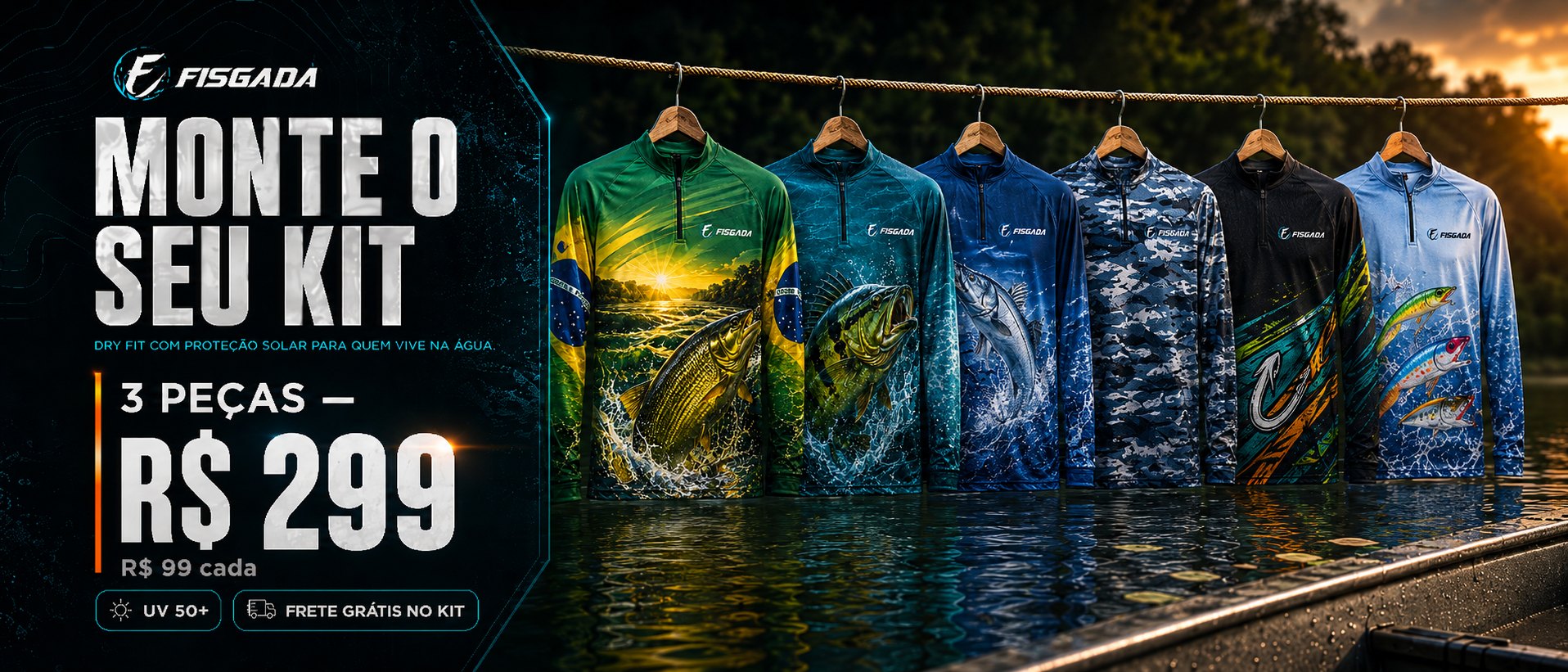 Monte o seu kit: 3 camisas de pesca por R$ 299 ou 5 por R$ 449 com frete gratis